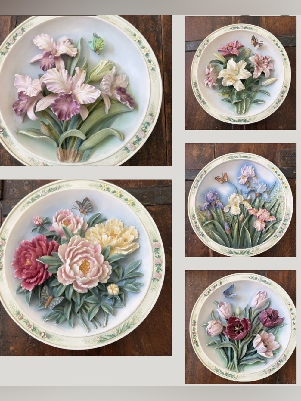 Lot Of 5 Vintage Lena Liu Beautiful Gardens 3D Plates Bradford Exchange 1995-96